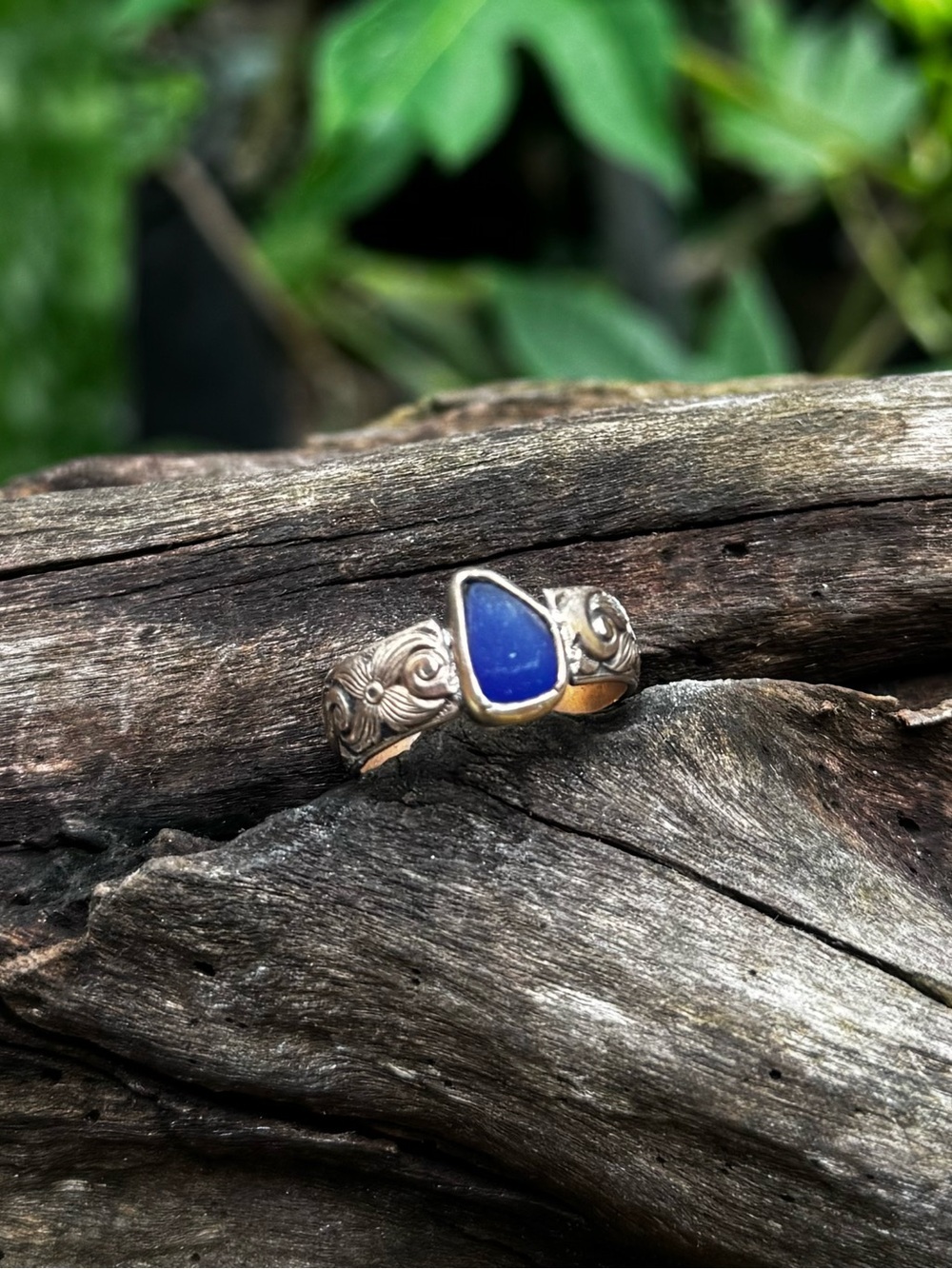 14 k gold fill cobalt blue sea glass floral wave Ring Puerto Rico beach find